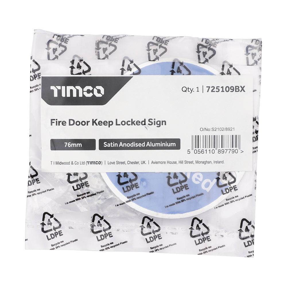 This is an image showing TIMCO Fire Door Keep Locked Sign - Satin Anodised Aluminium - 76mm - 1 Each Bag available from T.H Wiggans Ironmongery in Kendal, quick delivery at discounted prices.