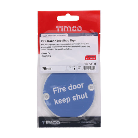This is an image showing TIMCO Fire Door Keep Shut Sign - Satin Anodised Aluminium - 76mm - 1 Each TIMpac available from T.H Wiggans Ironmongery in Kendal, quick delivery at discounted prices.