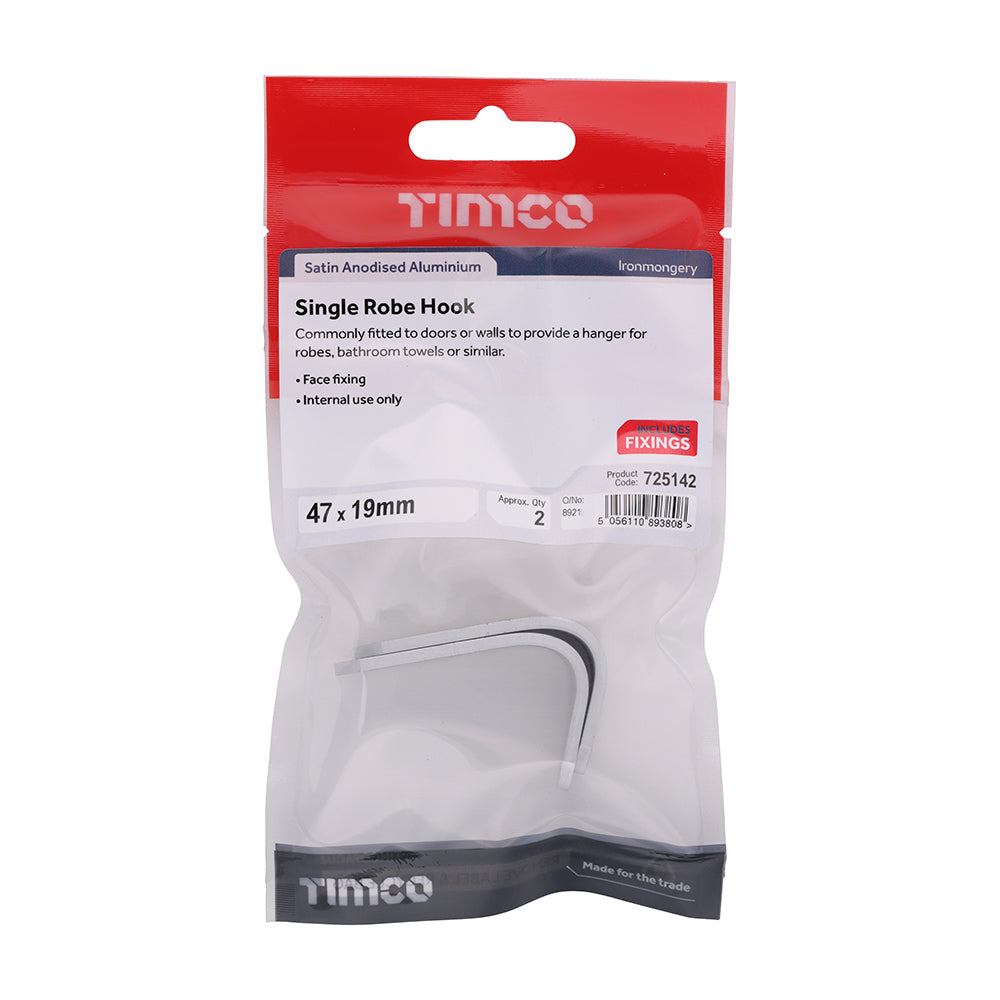This is an image showing TIMCO Single Robe Hook - Satin Anodised Aluminium - 47 x 19 - 2 Pieces TIMpac available from T.H Wiggans Ironmongery in Kendal, quick delivery at discounted prices.