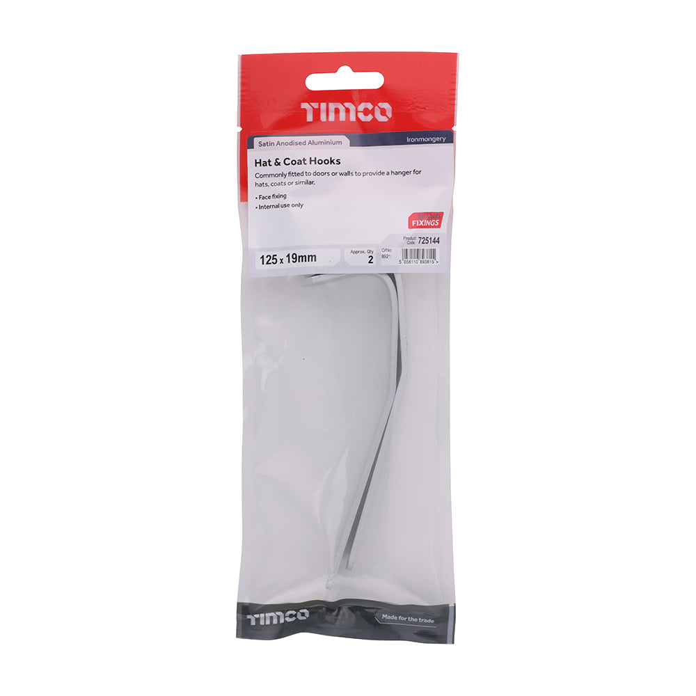 This is an image showing TIMCO Hat & Coat Hooks - Satin Anodised Aluminium - 125 x 19 - 2 Pieces TIMpac available from T.H Wiggans Ironmongery in Kendal, quick delivery at discounted prices.