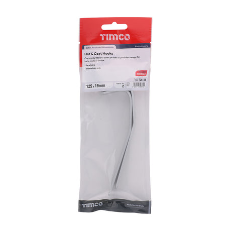 This is an image showing TIMCO Hat & Coat Hooks - Satin Anodised Aluminium - 125 x 19 - 2 Pieces TIMpac available from T.H Wiggans Ironmongery in Kendal, quick delivery at discounted prices.