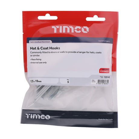 This is an image showing TIMCO Hat & Coat Hooks - Satin Anodised Aluminium - 125 x 19 - 5 Pieces TIMbag available from T.H Wiggans Ironmongery in Kendal, quick delivery at discounted prices.