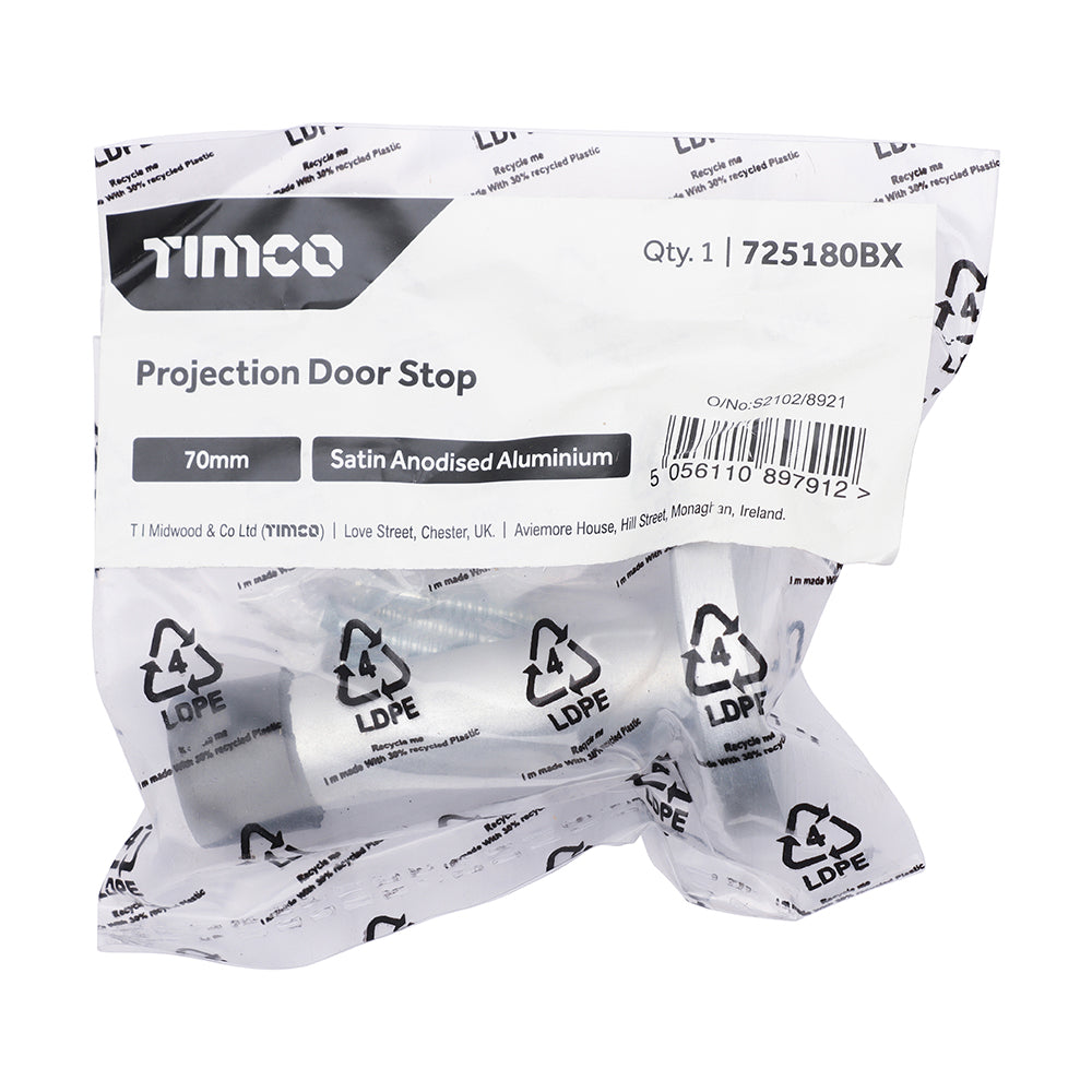 This is an image showing TIMCO Projection Door Stop - Satin Anodised Aluminium - 70mm - 1 Each Bag available from T.H Wiggans Ironmongery in Kendal, quick delivery at discounted prices.
