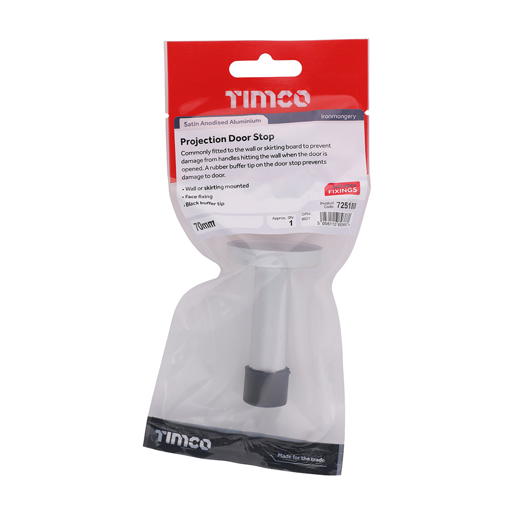 This is an image showing TIMCO Projection Door Stop - Satin Anodised Aluminium - 70mm - 1 Each TIMpac available from T.H Wiggans Ironmongery in Kendal, quick delivery at discounted prices.