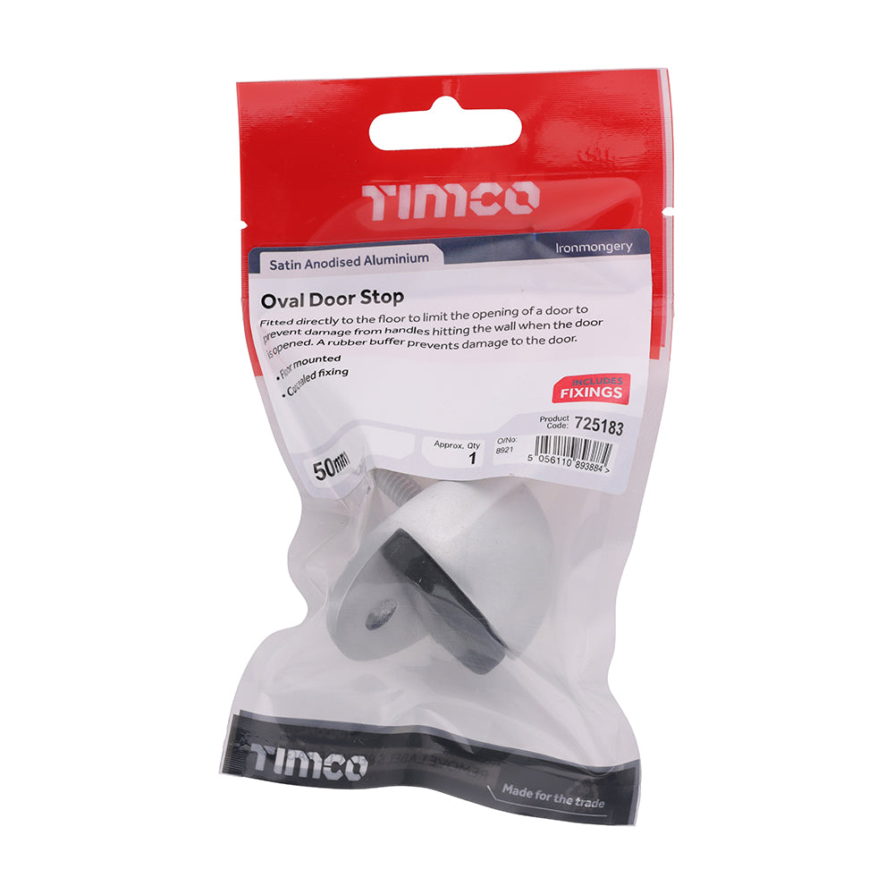 This is an image showing TIMCO Oval Door Stop - Satin Anodised Aluminium - 50mm - 1 Each TIMpac available from T.H Wiggans Ironmongery in Kendal, quick delivery at discounted prices.