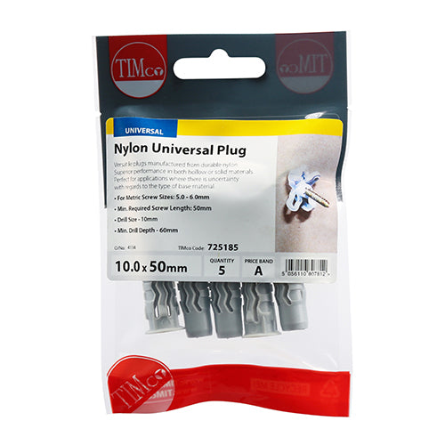 This is an image showing TIMCO Nylon Universal Plugs - 10.0 x 50 - 5 Pieces TIMpac available from T.H Wiggans Ironmongery in Kendal, quick delivery at discounted prices.