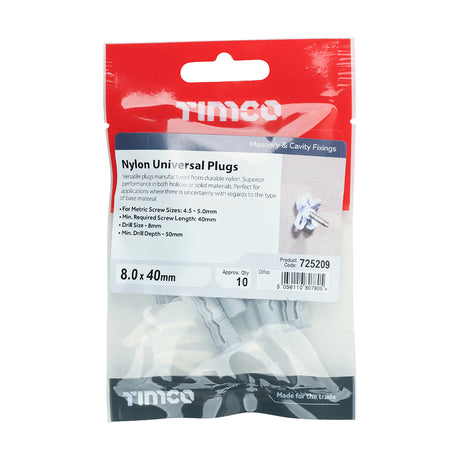 This is an image showing TIMCO Nylon Universal Plugs - 8.0 x 40 - 10 Pieces TIMpac available from T.H Wiggans Ironmongery in Kendal, quick delivery at discounted prices.