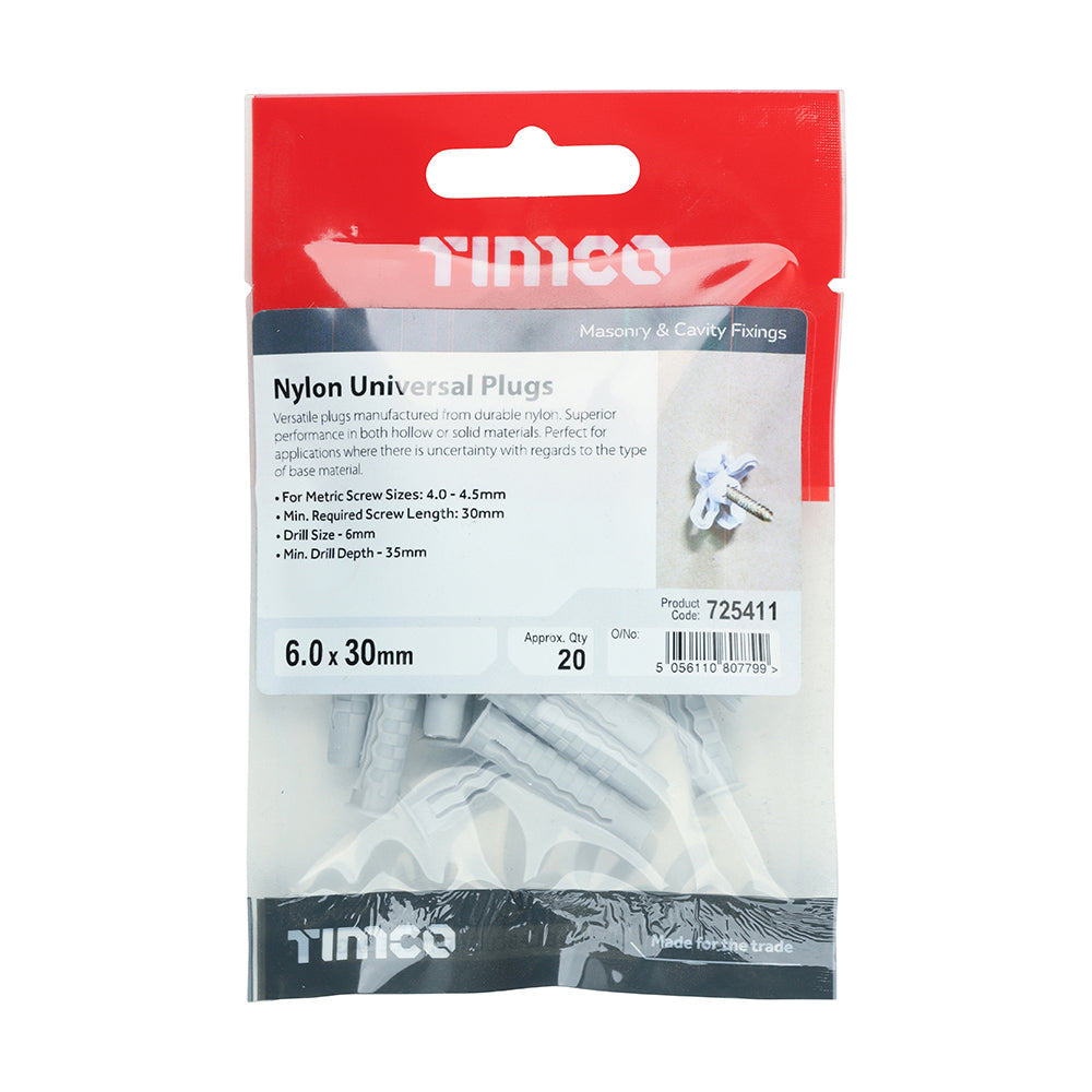 This is an image showing TIMCO Nylon Universal Plugs - 6.0 x 30 - 20 Pieces TIMpac available from T.H Wiggans Ironmongery in Kendal, quick delivery at discounted prices.