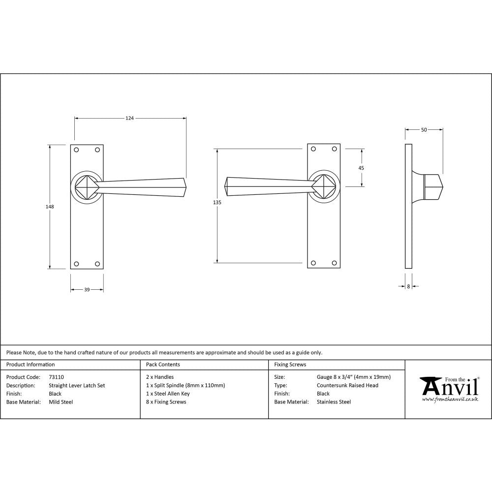 This is an image showing From The Anvil - Black Straight Lever Latch Set available from trade door handles, quick delivery and discounted prices