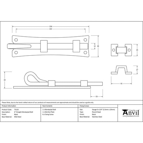 This is an image showing From The Anvil - Black 6" Straight Monkeytail Bolt available from trade door handles, quick delivery and discounted prices