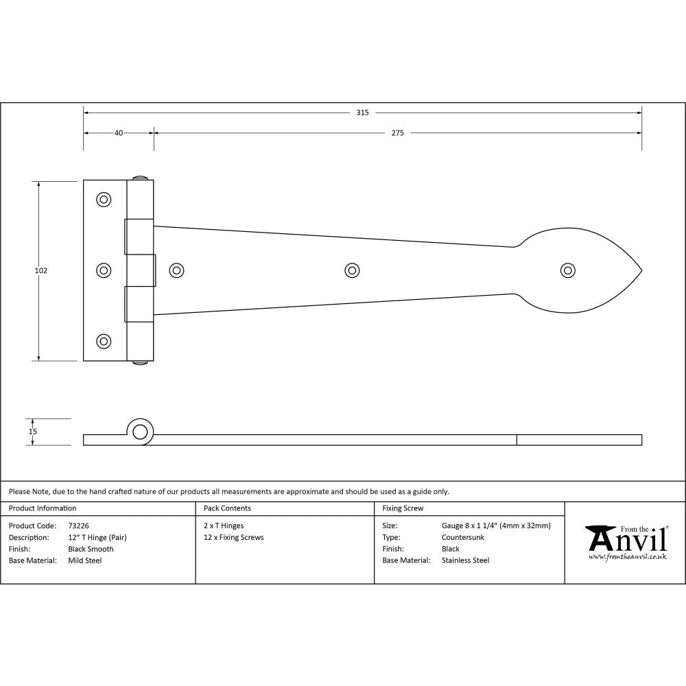 This is an image showing From The Anvil - Black Smooth 12" Cast T Hinge (pair) available from T.H Wiggans Architectural Ironmongery, quick delivery and discounted prices