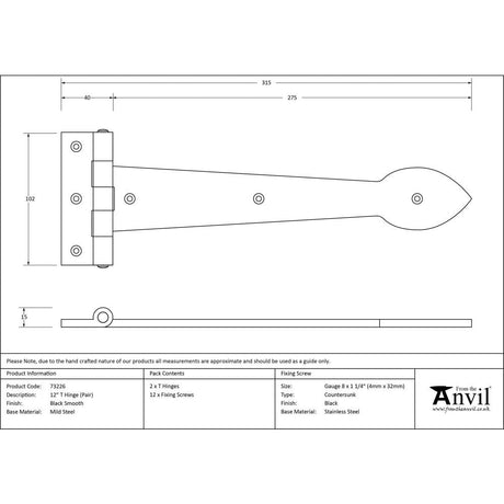 This is an image showing From The Anvil - Black Smooth 12" Cast T Hinge (pair) available from T.H Wiggans Architectural Ironmongery, quick delivery and discounted prices