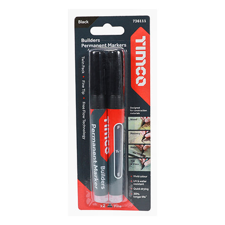 This is an image showing TIMCO Builders Permanent Markers - Chisel & Fine Tip - Black - Mixed - 2 Pieces Blister Pack available from T.H Wiggans Ironmongery in Kendal, quick delivery at discounted prices.