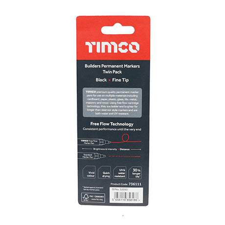 This is an image showing TIMCO Builders Permanent Markers - Chisel & Fine Tip - Black - Mixed - 2 Pieces Blister Pack available from T.H Wiggans Ironmongery in Kendal, quick delivery at discounted prices.