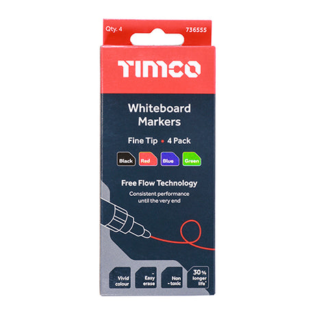 This is an image showing TIMCO Whiteboard Markers - Fine Tip - Mixed Colours - Fine Tip Four Pack - 4 Pieces Box available from T.H Wiggans Ironmongery in Kendal, quick delivery at discounted prices.