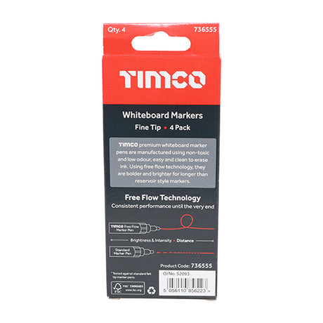 This is an image showing TIMCO Whiteboard Markers - Fine Tip - Mixed Colours - Fine Tip Four Pack - 4 Pieces Box available from T.H Wiggans Ironmongery in Kendal, quick delivery at discounted prices.