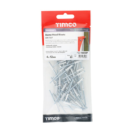 This is an image showing TIMCO Rivets - Dome Head - Aluminium - 4.0 x 12 - 63 Pieces TIMpac available from T.H Wiggans Ironmongery in Kendal, quick delivery at discounted prices.