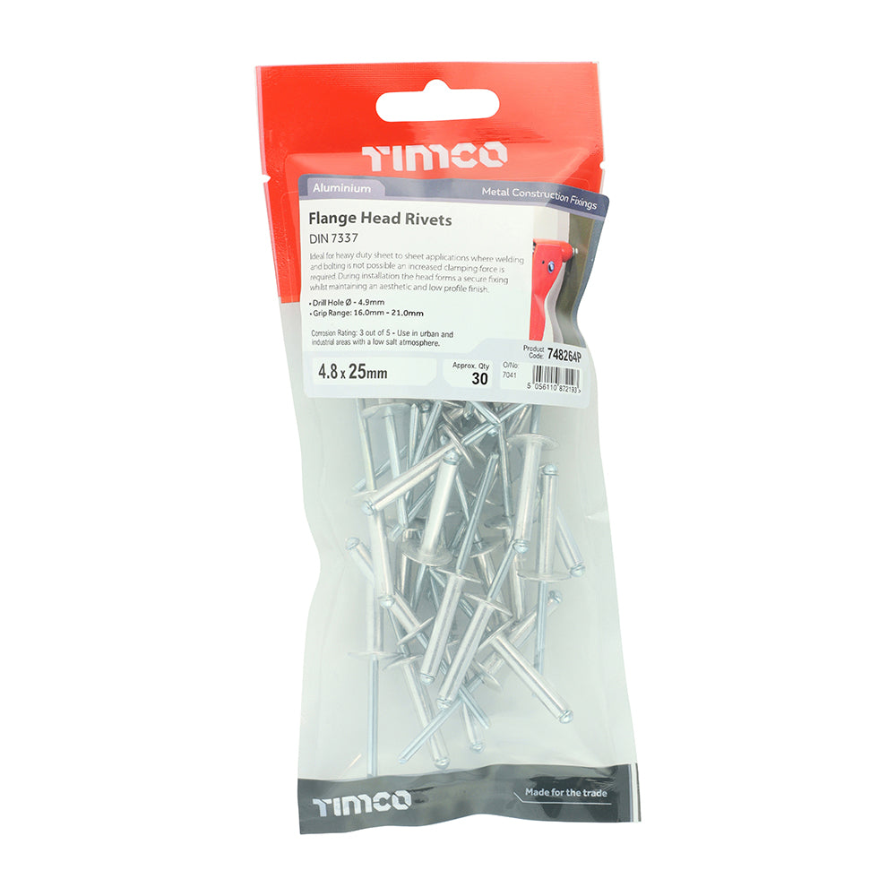 This is an image showing TIMCO Rivets - Flange Head - Aluminium - 4.8 x 25 - 30 Pieces TIMpac available from T.H Wiggans Ironmongery in Kendal, quick delivery at discounted prices.