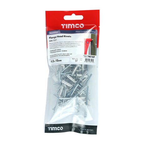 This is an image showing TIMCO Rivets - Flange Head - Aluminium - 4.8 x 16 - 37 Pieces TIMpac available from T.H Wiggans Ironmongery in Kendal, quick delivery at discounted prices.