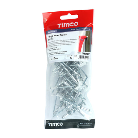 This is an image showing TIMCO Rivets - Flange Head - Aluminium - 4.8 x 12 - 40 Pieces TIMpac available from T.H Wiggans Ironmongery in Kendal, quick delivery at discounted prices.