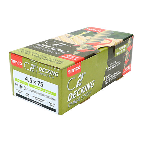This is an image showing TIMCO C2 Deck-Fix - TX - Countersunk with Ribs - Twin-Cut - Green - 4.5 x 75 - 250 Pieces Box available from T.H Wiggans Ironmongery in Kendal, quick delivery at discounted prices.