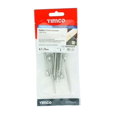 This is an image showing TIMCO Timber Screws - Hex - Stainless Steel - 6.7 x 75 - 8 Pieces TIMpac available from T.H Wiggans Ironmongery in Kendal, quick delivery at discounted prices.