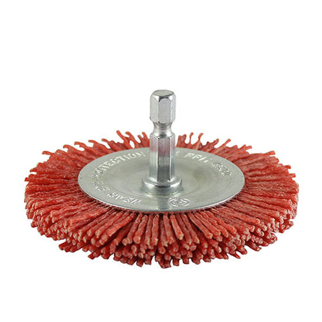 This is an image showing TIMCO Drill Wheel Brush - Nylon - 75mm - 1 Each Blister Pack available from T.H Wiggans Ironmongery in Kendal, quick delivery at discounted prices.