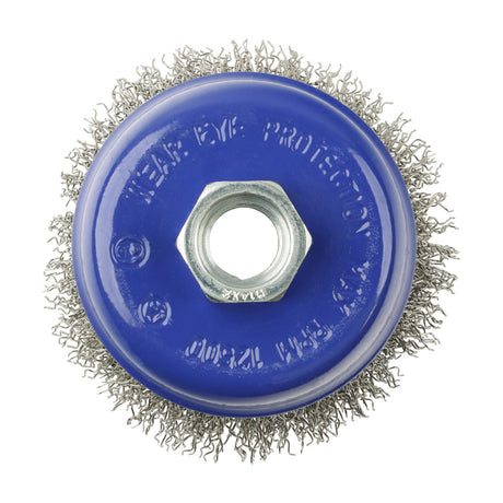 This is an image showing TIMCO Angle Grinder Cup Brush - Crimped Stainless Steel - 75mm - 1 Each Blister Pack available from T.H Wiggans Ironmongery in Kendal, quick delivery at discounted prices.