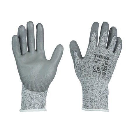 This is an image showing TIMCO Medium Cut Gloves - PU Coated HPPE Fibre with Glass Fibre - Large - 1 Each Backing Card available from T.H Wiggans Ironmongery in Kendal, quick delivery at discounted prices.