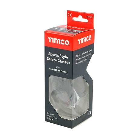 This is an image showing TIMCO Sports Style Safety Glasses - With Foam Dust Guard - Clear - One Size - 1 Each Box available from T.H Wiggans Ironmongery in Kendal, quick delivery at discounted prices.