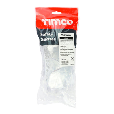 This is an image showing TIMCO Overspecs Safety Glasses - Clear - One Size - 1 Each Bag available from T.H Wiggans Ironmongery in Kendal, quick delivery at discounted prices.