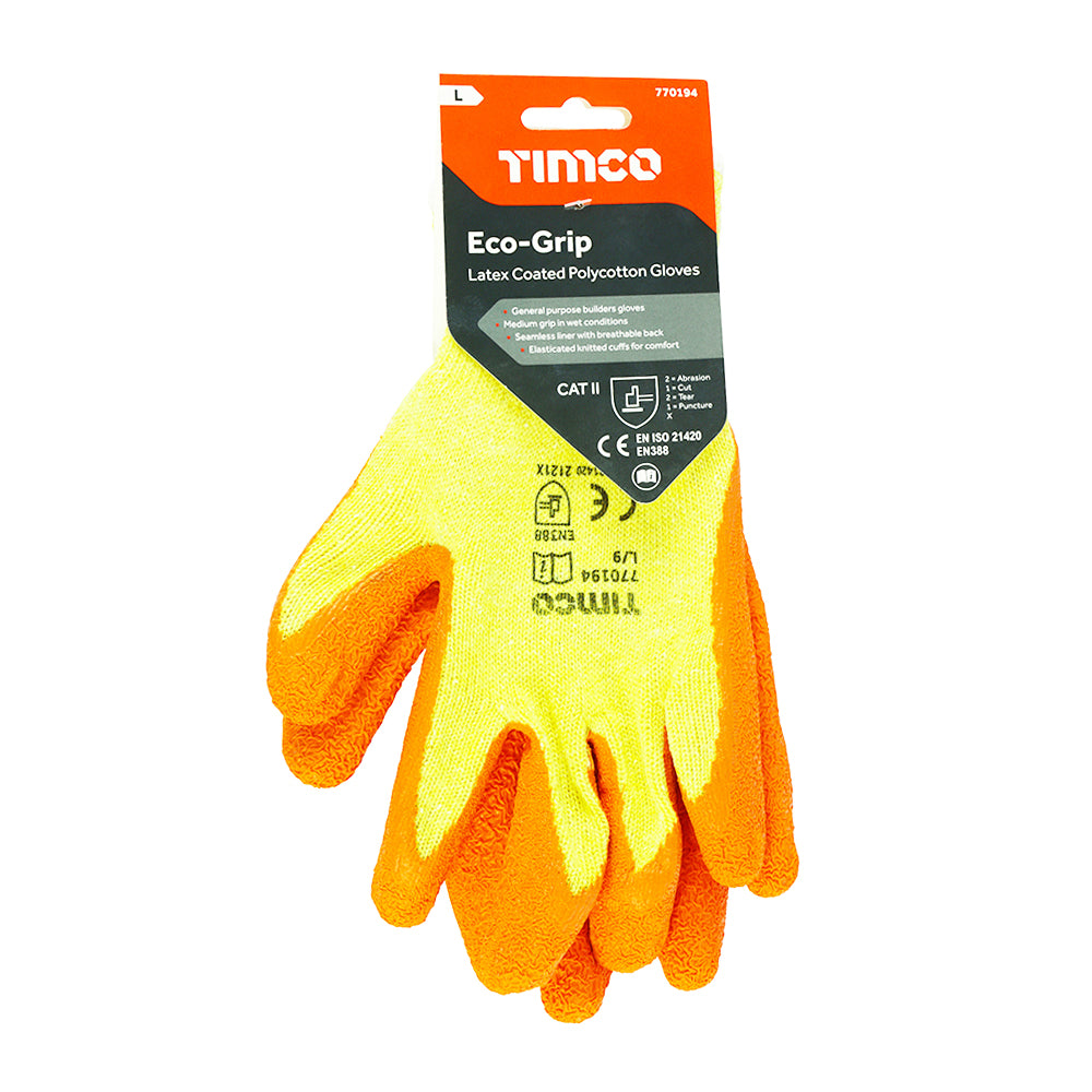 This is an image showing TIMCO Eco-Grip Gloves - Crinkle Latex Coated Polycotton - Large - 1 Each Backing Card available from T.H Wiggans Ironmongery in Kendal, quick delivery at discounted prices.