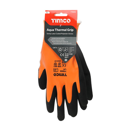 This is an image showing TIMCO Aqua Thermal Grip Glove - Sandy Latex Coated Polyester - Large - 1 Each Backing Card available from T.H Wiggans Ironmongery in Kendal, quick delivery at discounted prices.