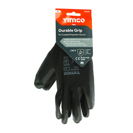 This is an image showing TIMCO Durable Grip Gloves - PU Coated Polyester - Medium - 1 Each Backing Card available from T.H Wiggans Ironmongery in Kendal, quick delivery at discounted prices.