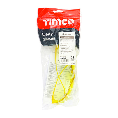 This is an image showing TIMCO Standard Safety Glasses - Amber - One Size - 1 Each Bag available from T.H Wiggans Ironmongery in Kendal, quick delivery at discounted prices.