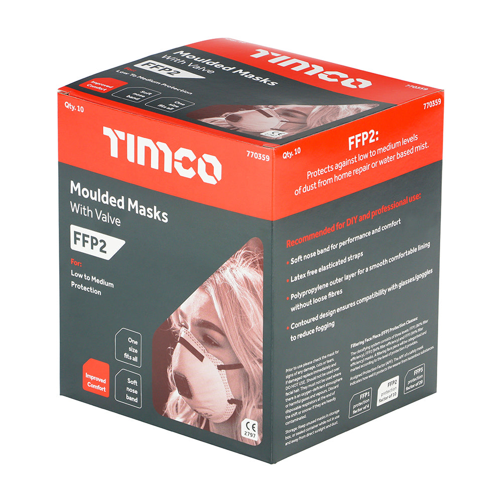 This is an image showing TIMCO FFP2 Moulded Masks with Valve - One Size - 10 Pieces Box available from T.H Wiggans Ironmongery in Kendal, quick delivery at discounted prices.