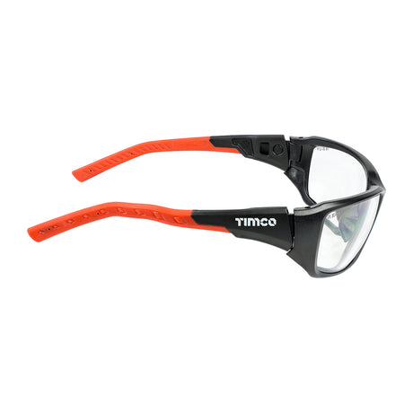 This is an image showing TIMCO Sports Style Safety Glasses - With Adjustable Temples - Clear - One Size - 1 Each Box available from T.H Wiggans Ironmongery in Kendal, quick delivery at discounted prices.