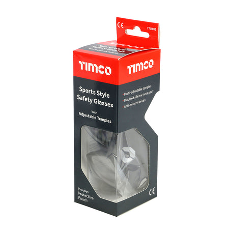 This is an image showing TIMCO Sports Style Safety Glasses - With Adjustable Temples - Clear - One Size - 1 Each Box available from T.H Wiggans Ironmongery in Kendal, quick delivery at discounted prices.