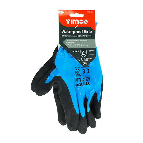 This is an image showing TIMCO Waterproof Grip Gloves - Sandy Nitrile Foam Coated Polyester - X Large - 1 Each Backing Card available from T.H Wiggans Ironmongery in Kendal, quick delivery at discounted prices.