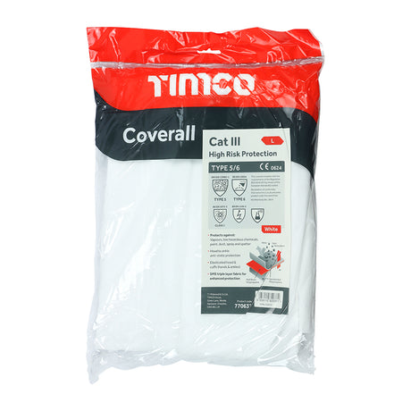 This is an image showing TIMCO Cat III Type 5/6 Coverall - High Risk Protection - White - Large - 1 Each Bag available from T.H Wiggans Ironmongery in Kendal, quick delivery at discounted prices.