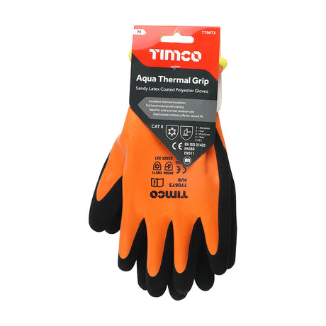 This is an image showing TIMCO Aqua Thermal Grip Glove - Sandy Latex Coated Polyester - Medium - 1 Each Backing Card available from T.H Wiggans Ironmongery in Kendal, quick delivery at discounted prices.