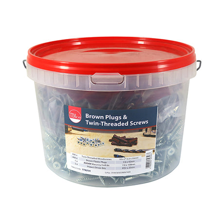 This is an image showing TIMCO Brown Premium Plastic Plugs with Screws - 42mm - 400 Pieces Tub available from T.H Wiggans Ironmongery in Kendal, quick delivery at discounted prices.