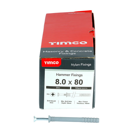 This is an image showing TIMCO Nylon Hammer Fixing - PZ - Zinc - 8.0 x 80 - 100 Pieces Box available from T.H Wiggans Ironmongery in Kendal, quick delivery at discounted prices.