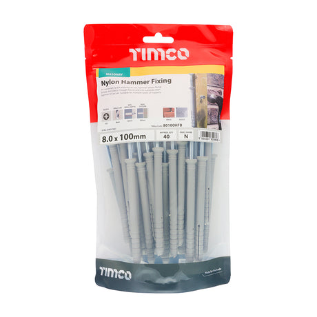 This is an image showing TIMCO Nylon Hammer Fixings - PZ - Zinc - 8.0 x 100 - 40 Pieces TIMbag available from T.H Wiggans Ironmongery in Kendal, quick delivery at discounted prices.