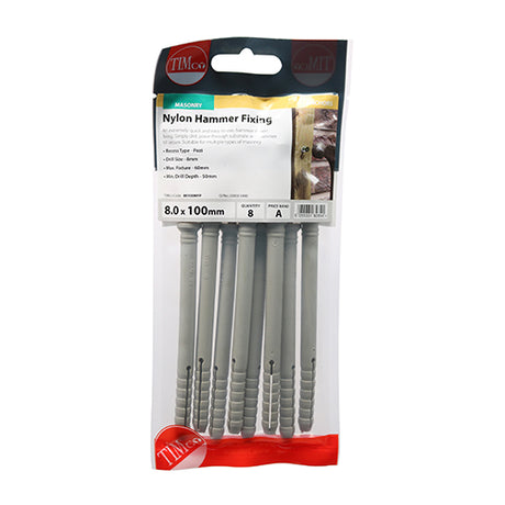 This is an image showing TIMCO Nylon Hammer Fixings - PZ - Zinc - 8.0 x 100 - 8 Pieces TIMpac available from T.H Wiggans Ironmongery in Kendal, quick delivery at discounted prices.