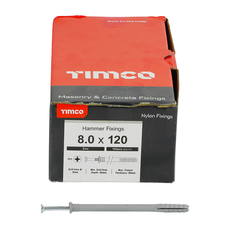 This is an image showing TIMCO Nylon Hammer Fixing - PZ - Zinc - 8.0 x 120 - 100 Pieces Box available from T.H Wiggans Ironmongery in Kendal, quick delivery at discounted prices.