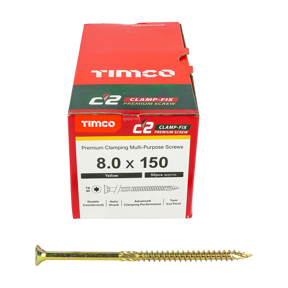 This is an image showing TIMCO C2 Clamp-Fix - TX - Double Countersunk with Ribs - Twin-Cut - Yellow - 8.0 x 150 - 50 Pieces Box available from T.H Wiggans Ironmongery in Kendal, quick delivery at discounted prices.