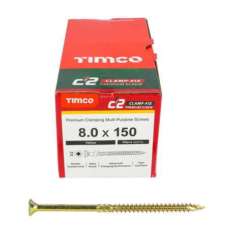 This is an image showing TIMCO C2 Clamp-Fix - TX - Double Countersunk with Ribs - Twin-Cut - Yellow - 8.0 x 150 - 50 Pieces Box available from T.H Wiggans Ironmongery in Kendal, quick delivery at discounted prices.