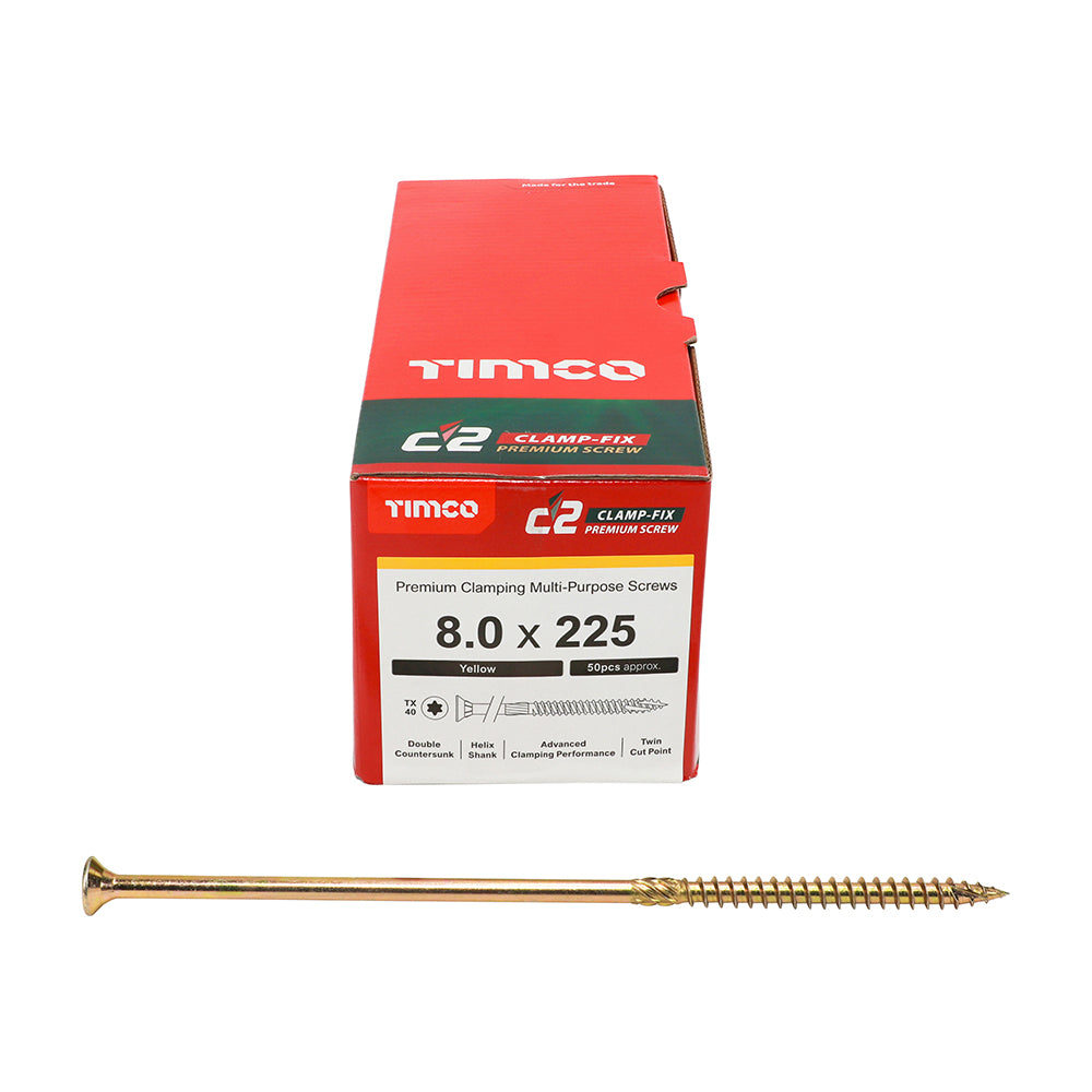 This is an image showing TIMCO C2 Clamp-Fix - TX - Double Countersunk with Ribs - Twin-Cut - Yellow - 8.0 x 225 - 50 Pieces Box available from T.H Wiggans Ironmongery in Kendal, quick delivery at discounted prices.