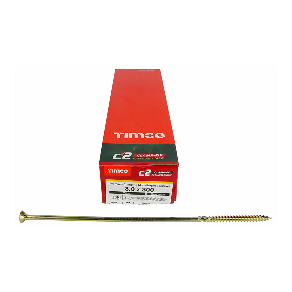 This is an image showing TIMCO C2 Clamp-Fix - TX - Double Countersunk with Ribs - Twin-Cut - Yellow - 8.0 x 300 - 25 Pieces Box available from T.H Wiggans Ironmongery in Kendal, quick delivery at discounted prices.